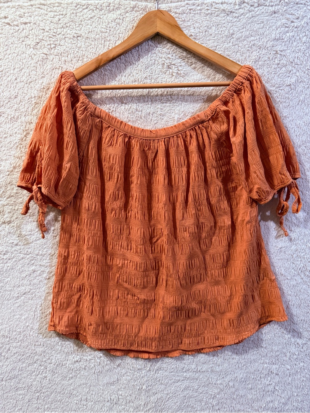 Off-Shoulder Tie-Sleeve Blouse in Rust Orange
